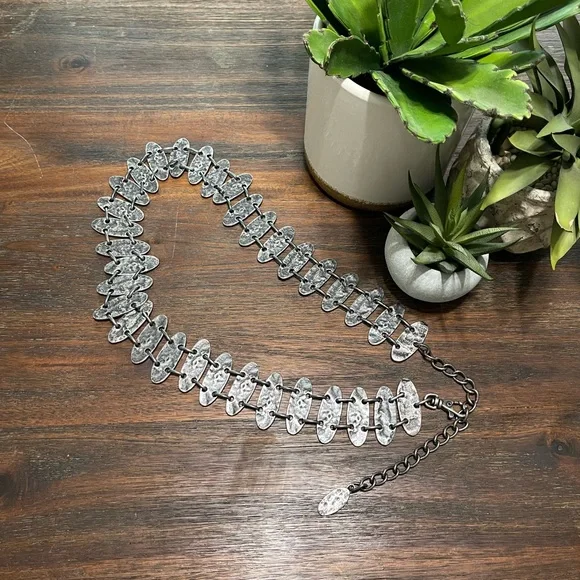 Pounded textured silver gray black metal oval geometric link chain belt S M - Picture 1 of 6